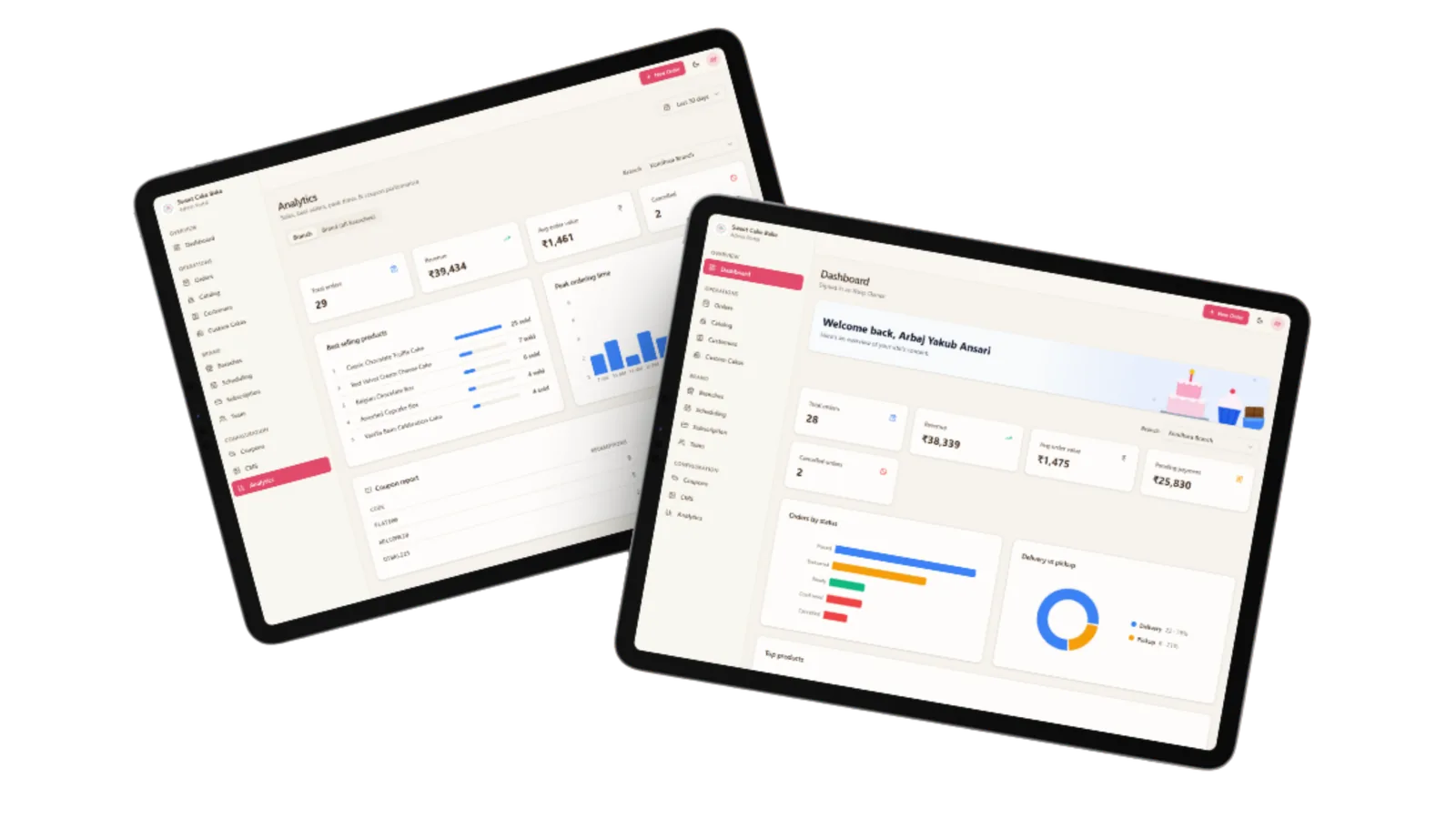 The Frostique admin portal on two tablets, showing the analytics overview and the daily dashboard side by side